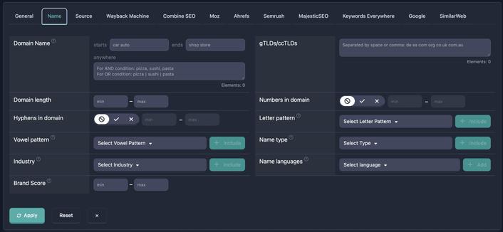 Name filters including patterns, type, and Brand Score