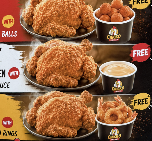 Fried chicken combos on a poster showing AI slop buckets of nightmare-inducing mutant chicken and shrimp