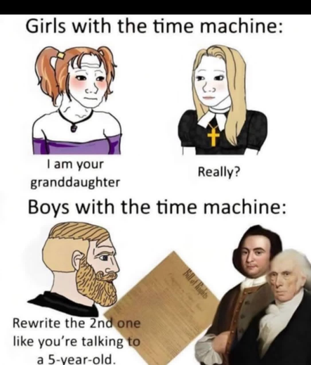 Girls with the time machine: I am your granddaughter.  Really?  Boys with the time machine: Bill of Rights Rewrite the 2nd one like you're talking to a 5-vear-old.