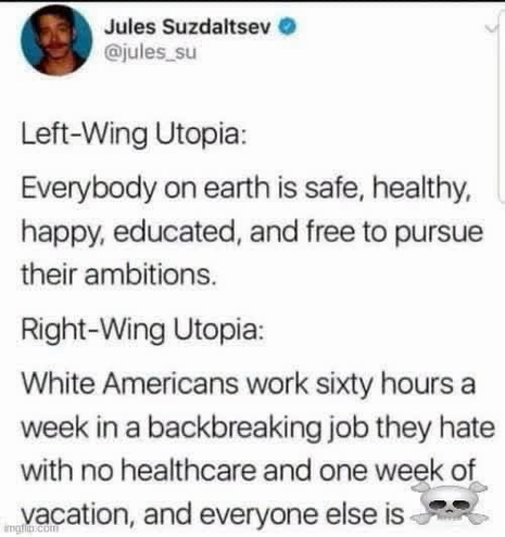 Jules Suzdaltsev • Left-Wing Utopia: Everybody on earth is safe, healthy, happy, educated, and free to pursue their ambitions. Right-Wing Utopia: White Americans work sixty hours a week in a backbreaking job they hate with no healthcare and one week of vacation, and everyone else is - dead