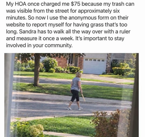 My HOA once charged me $75 because my trash can was visible from the street for approximately six minutes. So now I use the anonymous form on their website to report myself for having grass that's too long. Sandra has to walk all the way over with a ruler and measure it once a week. It's important to stay involved in your community. (Photo of a woman walking with a ruler through a neighborhood)