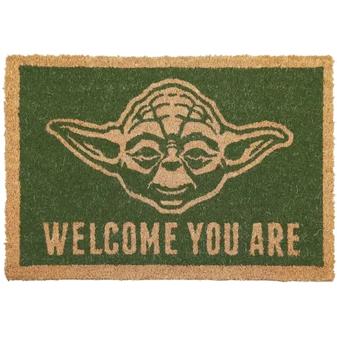 Door mat in green with face of Yoda and words Welcome you are