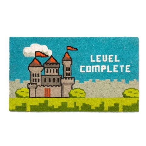 Door mat with 8bit castle and words Level Complete.