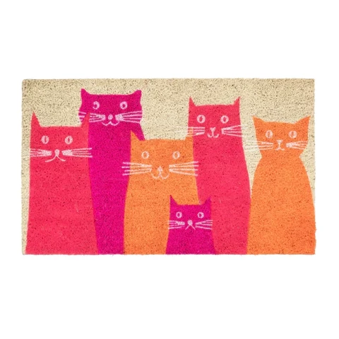 Door mat with 6 pink and orange different size cat illustrations all sat upright looking at you.