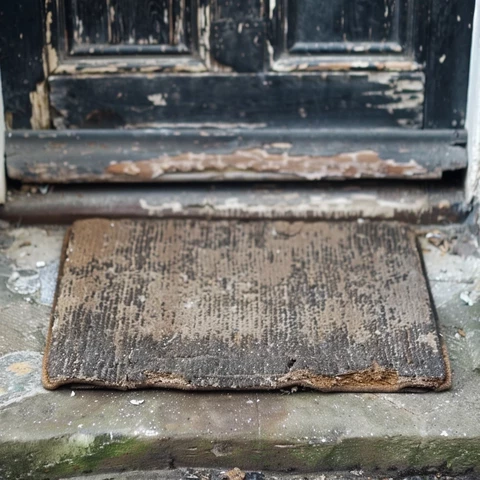A worn out old doormat in front of a worn out black painted, but peeling, door.