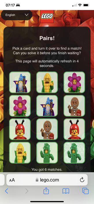 Screen shot on iPhone showing Lego.com holding page matching pairs game completed.
