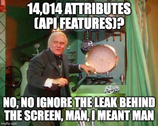 14,014 Atributes (API features)?

No No ignore the leak behind the screen, Man, I meant man

Toto has just pulled the cloth screen aside revealing the Wizard of Oz.