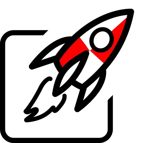 Red and white rocket taking off at an an angle with a round cornered square behind it.