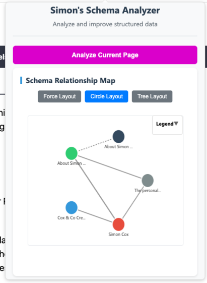 Screengrab of a chrome extension named Simon's Schema Analyzer showing a map of the schema items on his about page.