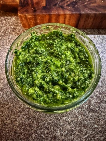 Jar of very green home made wild garlic pesto!