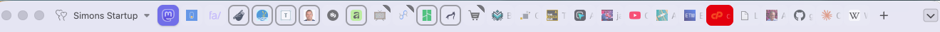 Vivaldi browser top tab bar showing many tabs and tab groups i have open!